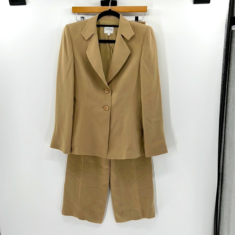 Armani Collezioni Wide Leg Silk Pant Suit - Khaki - 6